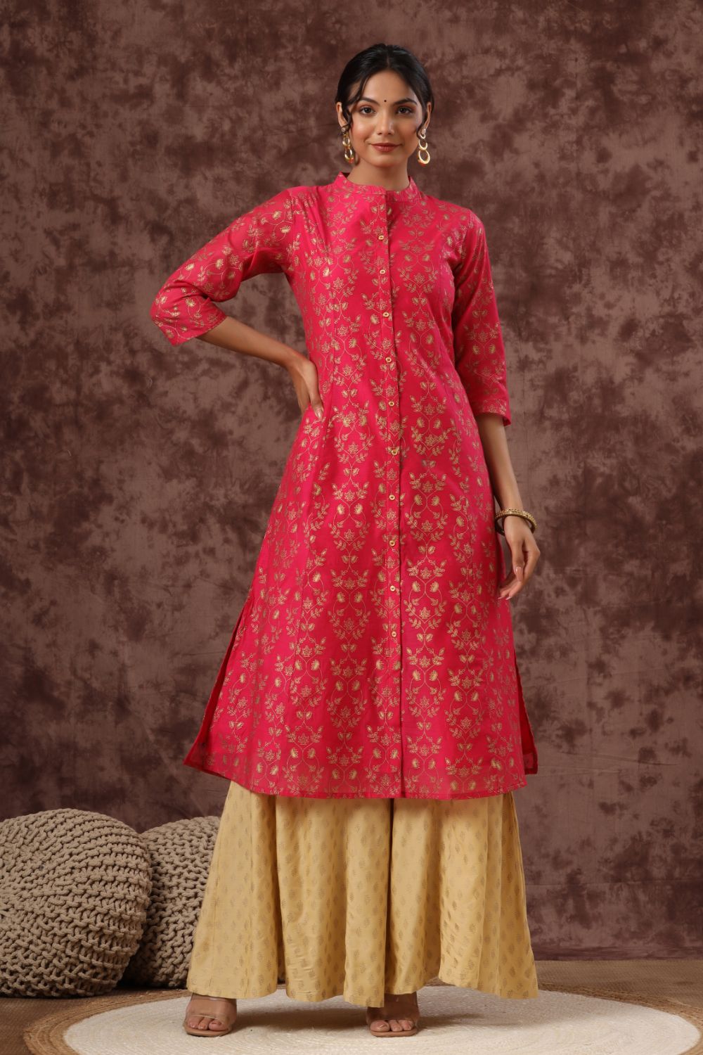 Juniper Womens Fuschia Chanderi Foil Printed Kurta - Distacart