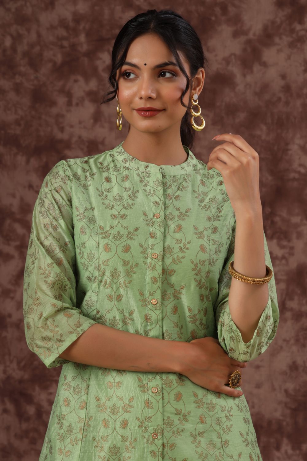 Juniper Womens Pistagreen Chanderi Foil Printed Kurta - Distacart