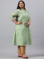 Thumbnail for Juniper Women`s Pistagreen Chanderi Silk Printed A-Line Kurta - Distacart