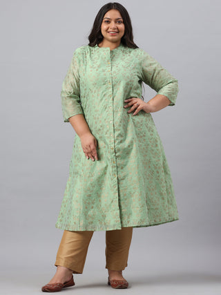 Juniper Women`s Pistagreen Chanderi Silk Printed A-Line Kurta - Distacart
