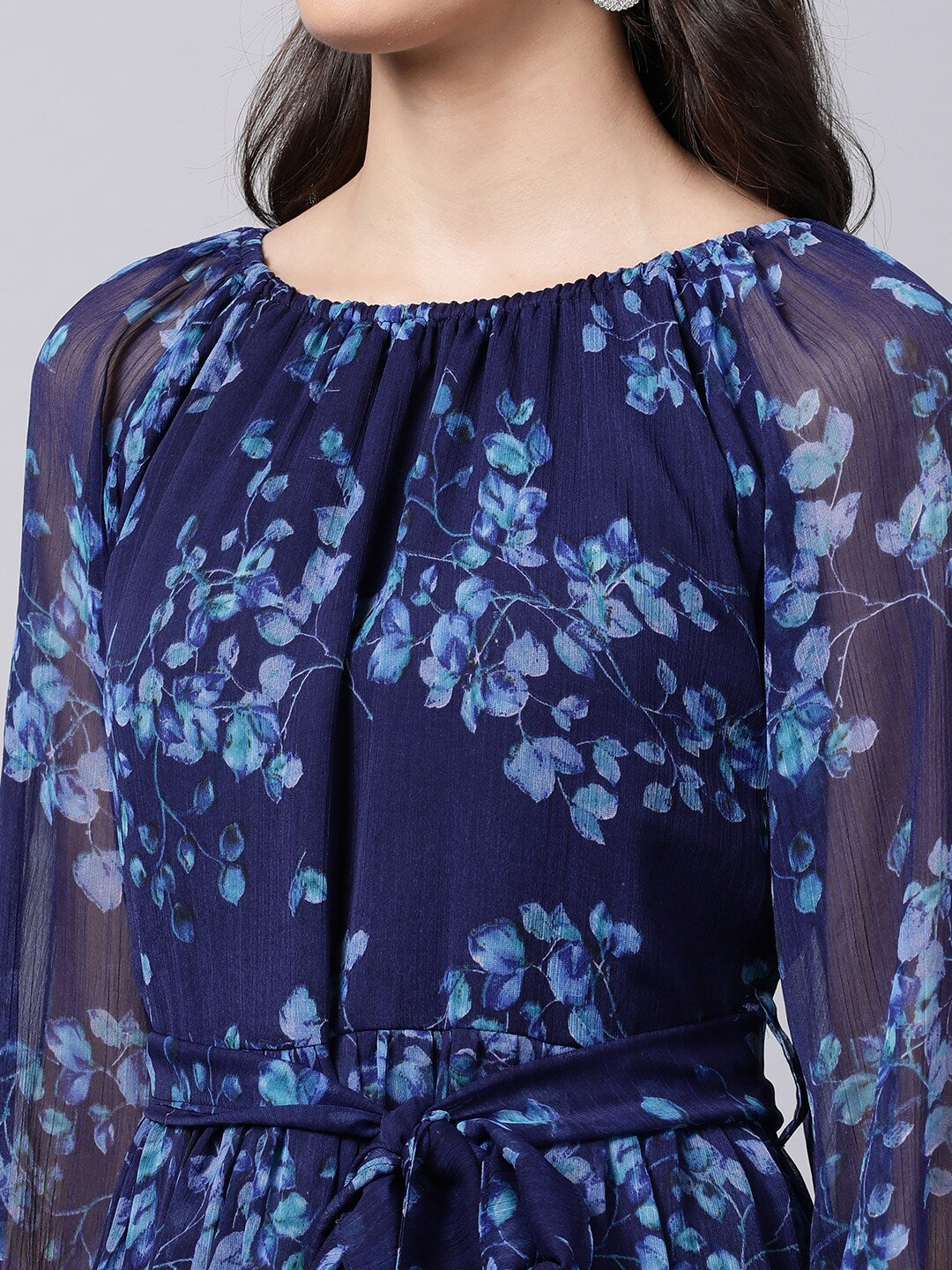 Souchii Navy Blue Floral Layered Chiffon A-Line Midi Dress - Distacart