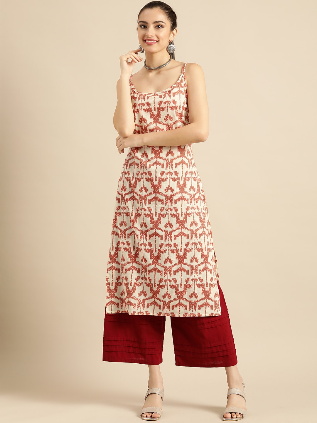 Sangria Women White & Rust Red Printed Cotton Kurta - Distacart