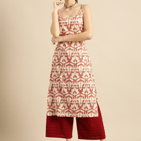 Sangria Women White & Rust Red Printed Cotton Kurta - Distacart