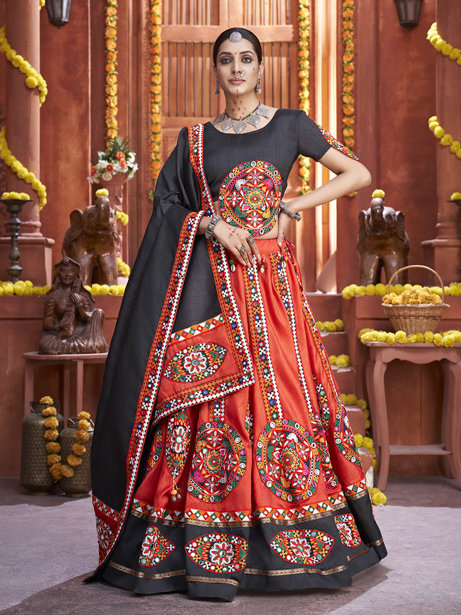 Myra Red Art Silk Gamthi Work Designer Lehenga - Distacart