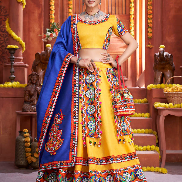 Myra Yellow Art Silk Gamthi Work Designer Lehenga - Distacart