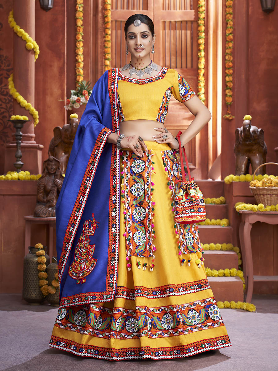Myra Yellow Art Silk Gamthi Work Designer Lehenga - Distacart