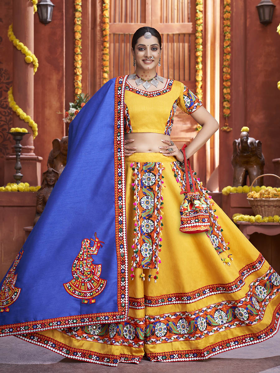 Myra Yellow Art Silk Gamthi Work Designer Lehenga - Distacart