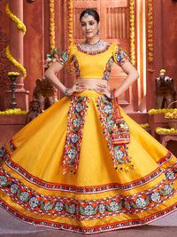 Thumbnail for Myra Yellow Art Silk Gamthi Work Designer Lehenga - Distacart