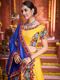 Thumbnail for Myra Yellow Art Silk Gamthi Work Designer Lehenga - Distacart