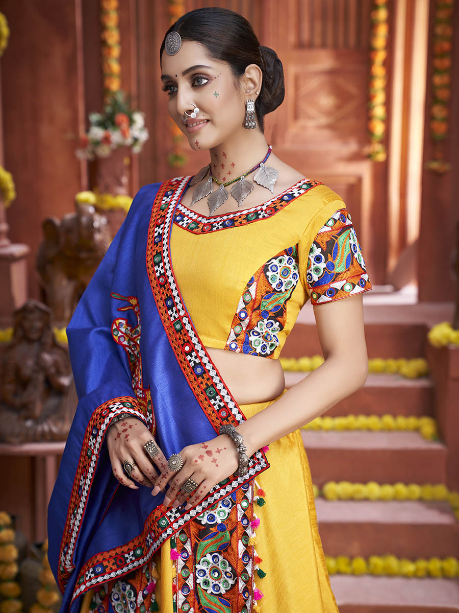 Myra Yellow Art Silk Gamthi Work Designer Lehenga - Distacart