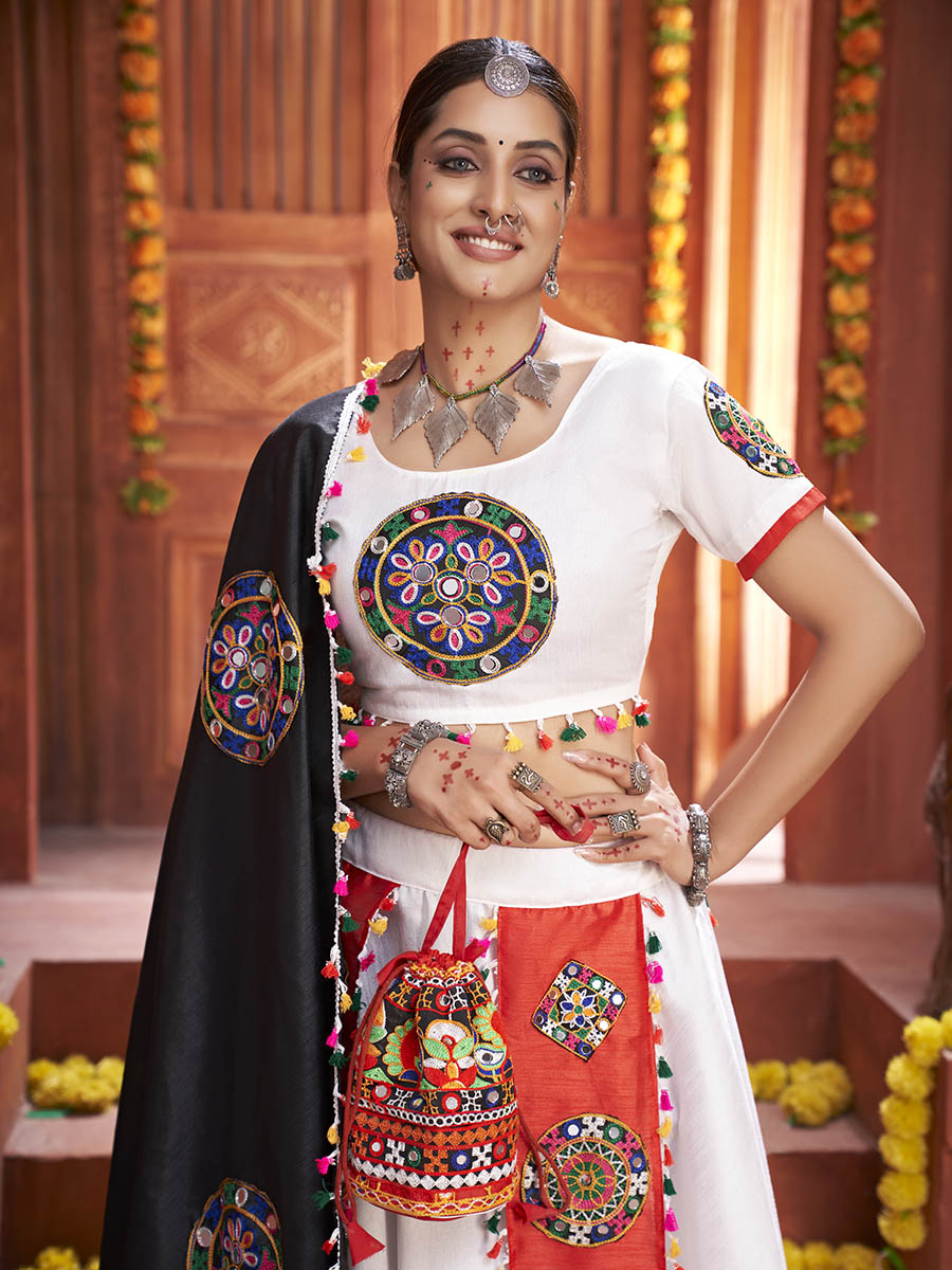 Myra White Art Silk Gamthi Work Designer Lehenga - Distacart