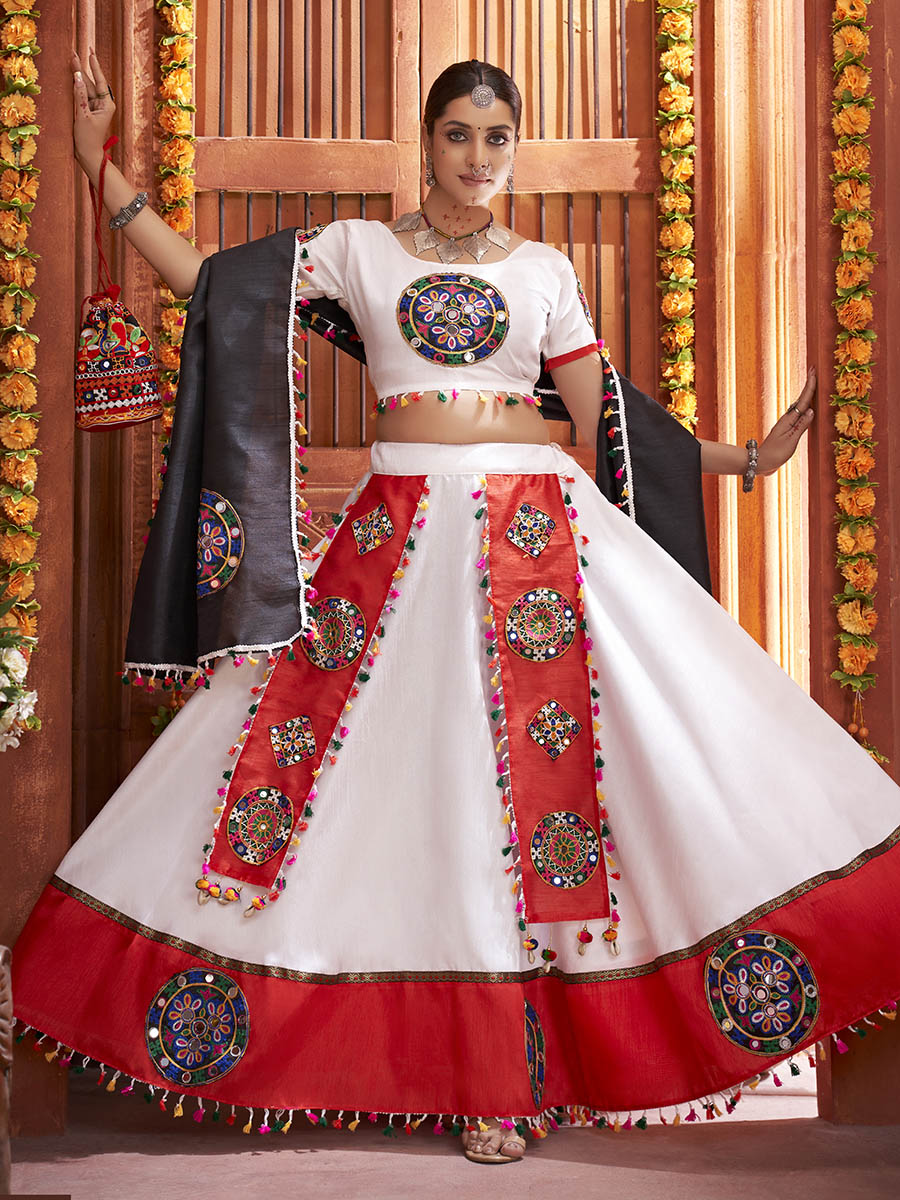 Myra White Art Silk Gamthi Work Designer Lehenga - Distacart