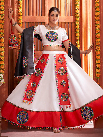 Myra White Art Silk Gamthi Work Designer Lehenga - Distacart