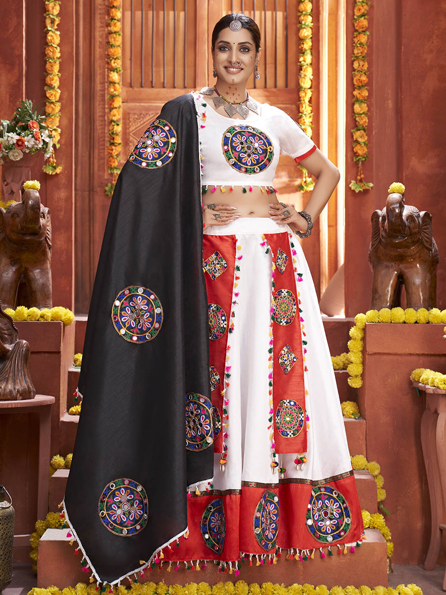 Myra White Art Silk Gamthi Work Designer Lehenga - Distacart