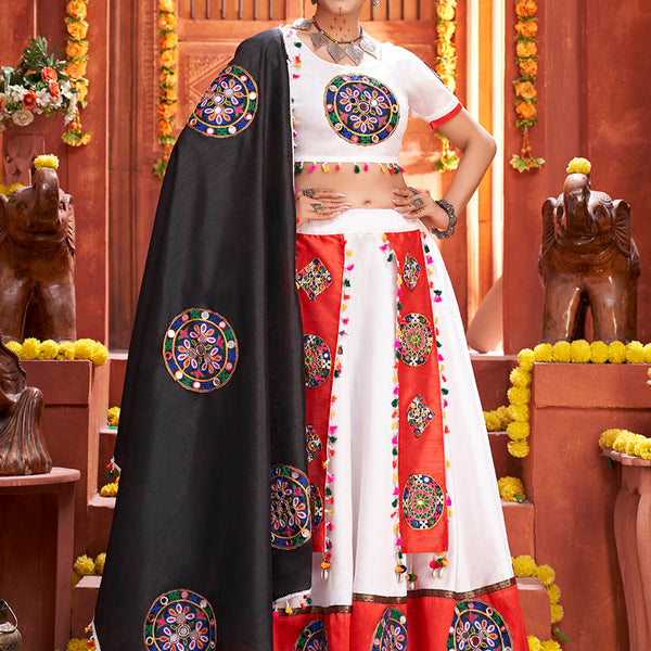 Myra White Art Silk Gamthi Work Designer Lehenga - Distacart