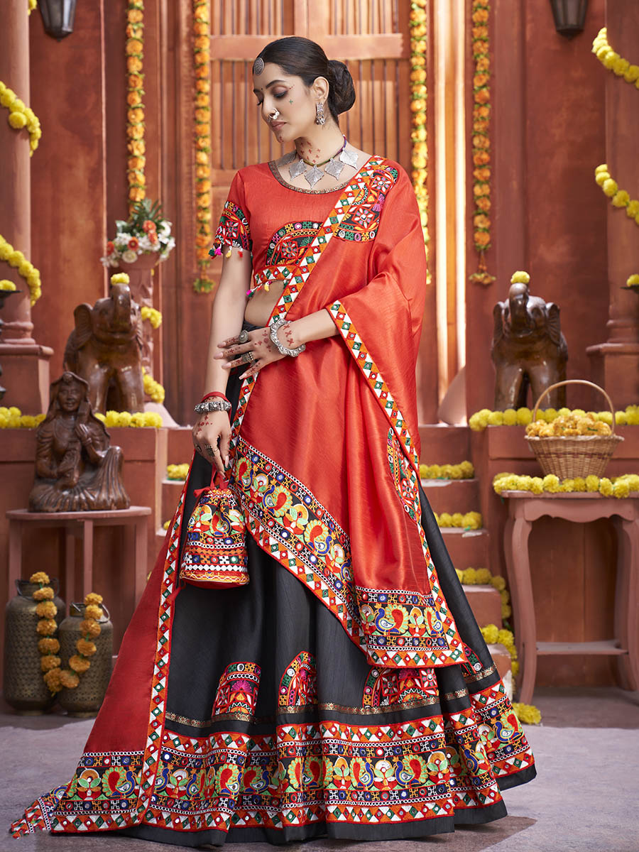 Myra Black Art Silk Gamthi Work Designer Lehenga - Distacart