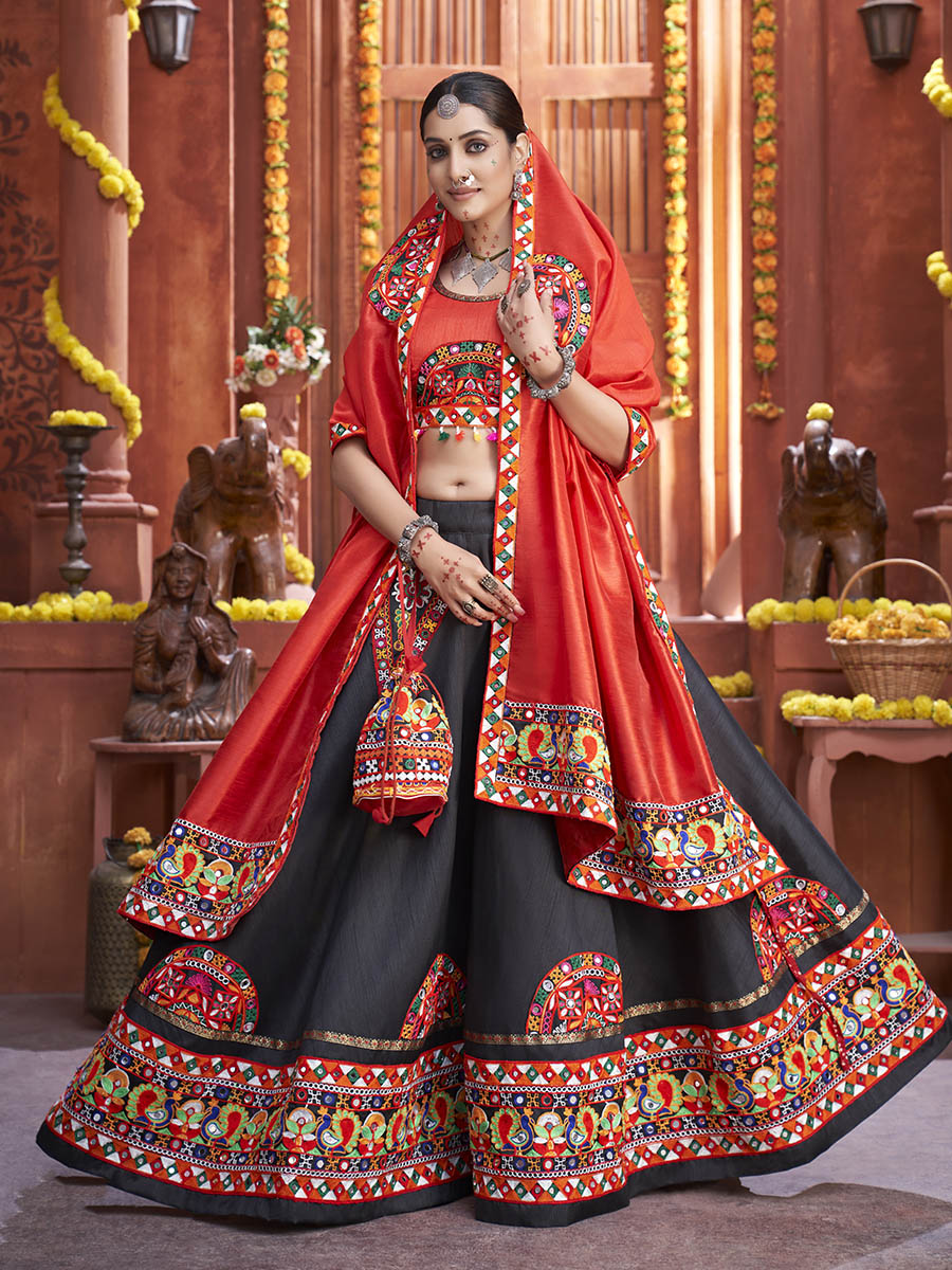 Myra Black Art Silk Gamthi Work Designer Lehenga - Distacart
