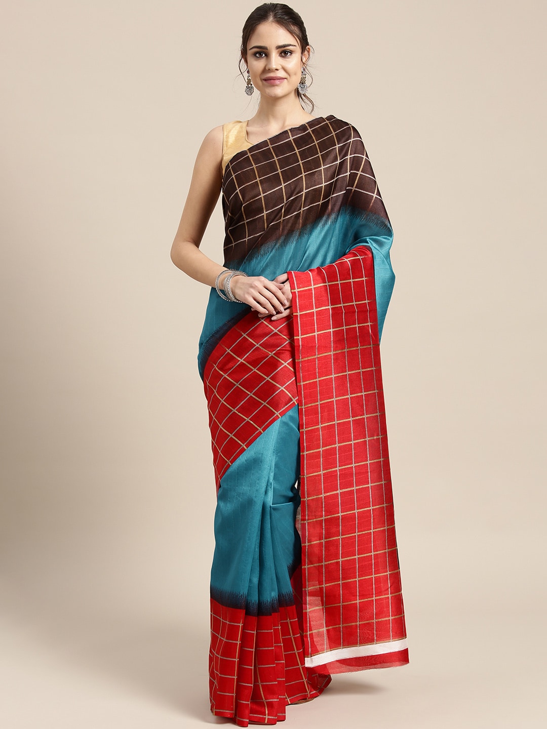 Saree Mall Blue & Red Checked Bhagalpuri Saree - Distacart