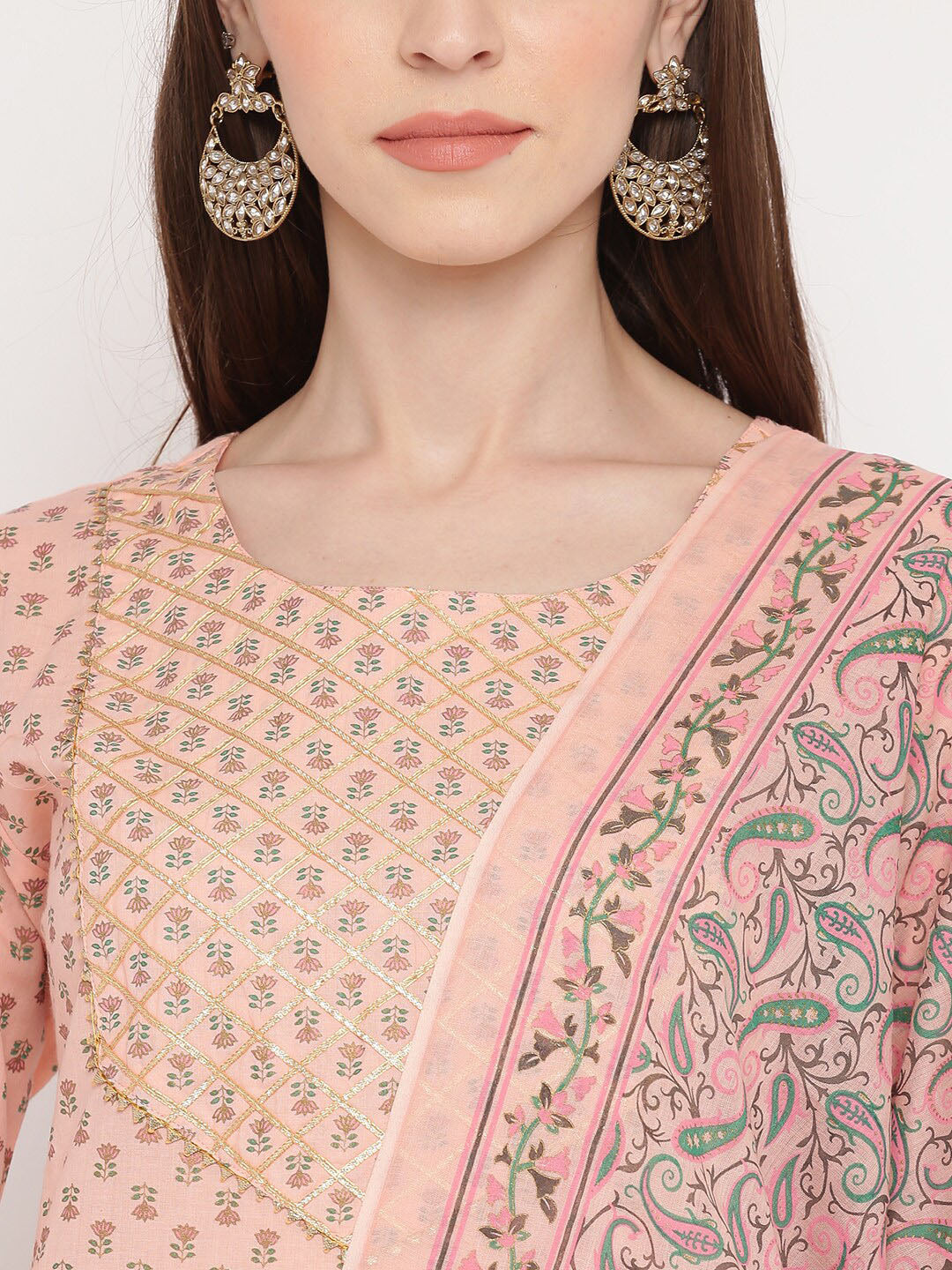 Kalini Women Peach-Coloured Ethnic Motifs Printed Panelled Gotta Patti Pure Cotton Kurta with Trousers & - Distacart