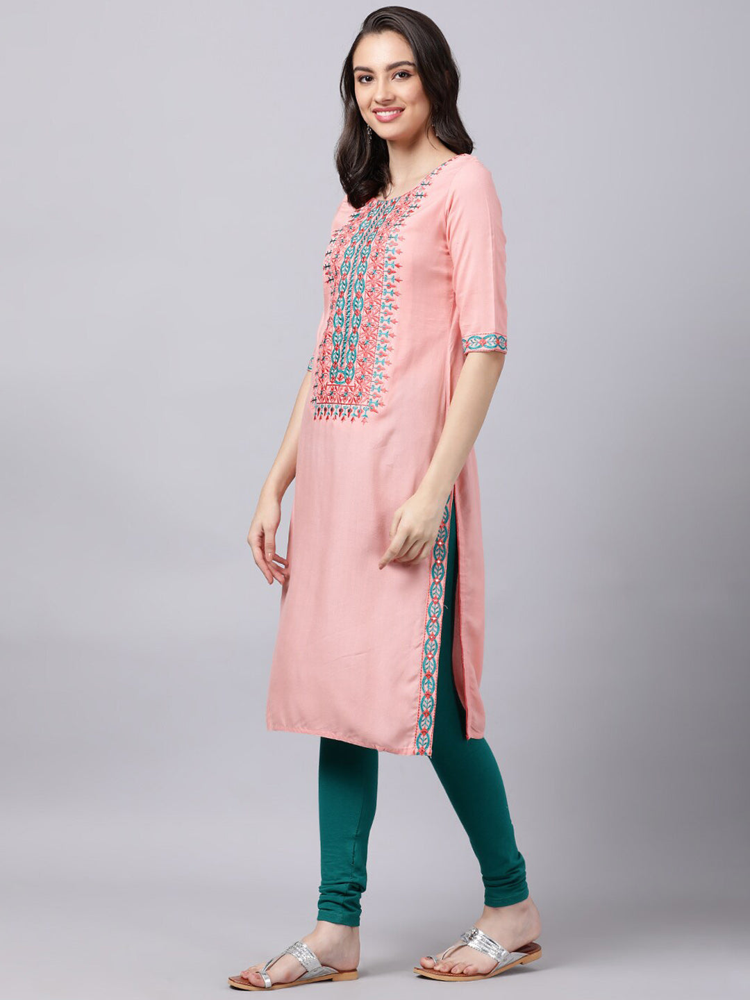 Souchii Women Peach-Coloured & Blue Ethnic Motifs Yoke Design Thread Work Pastels Kurta - Distacart