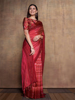 Thumbnail for Mitera Maroon & Gold-Toned Striped Sequinned Pure Chiffon Saree - Distacart