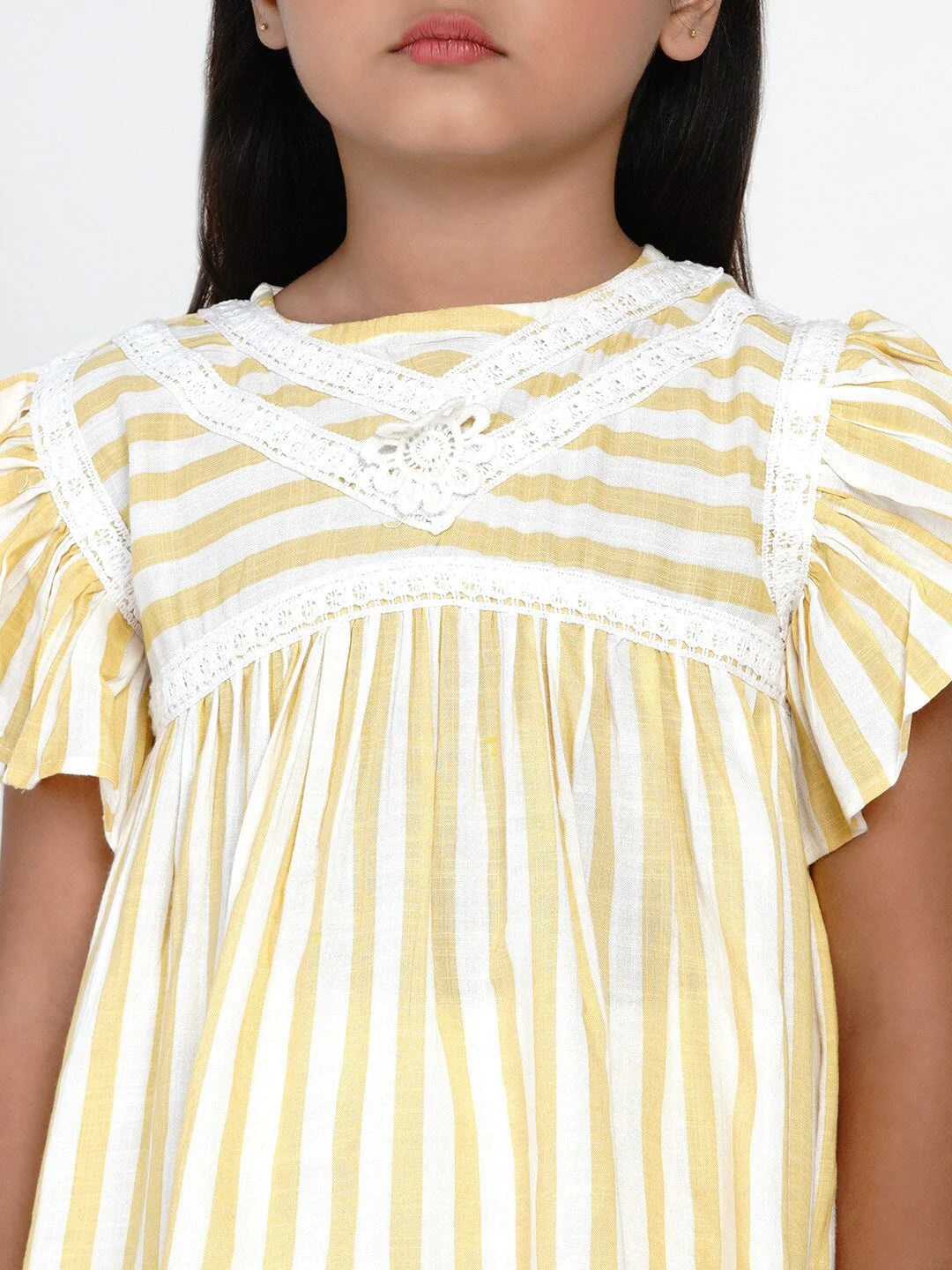 NOZ2TOZ Yellow & Off-White Striped Top with Capris For Girls - Distacart