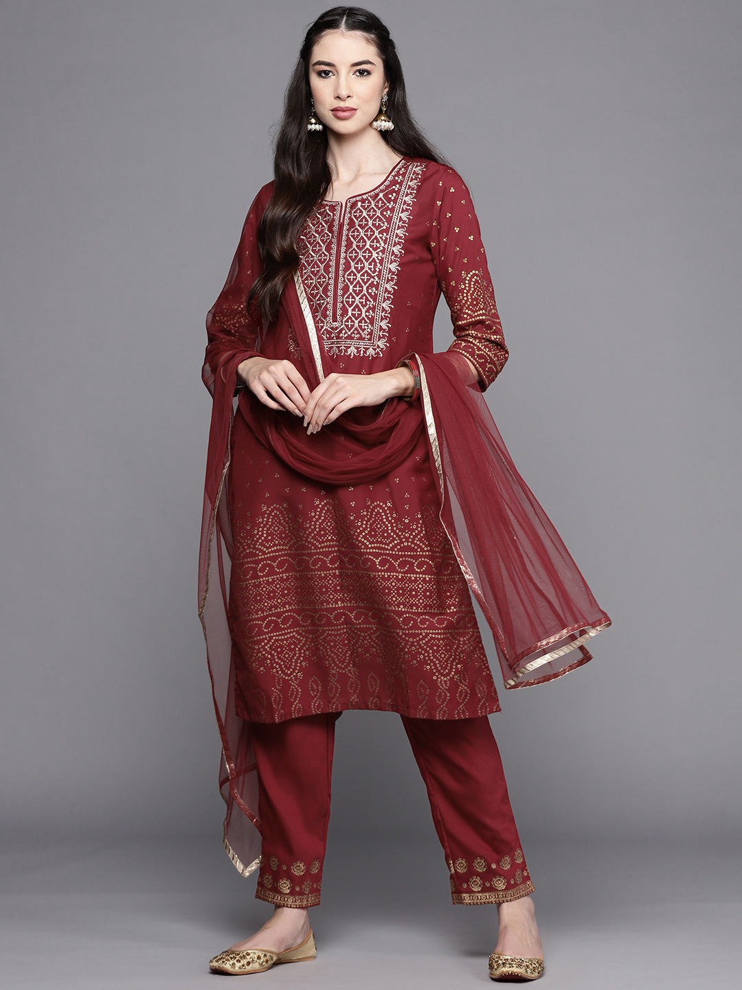 Biba Women Maroon & Golden Ethnic Yoke Design Regular Kurta with Trousers & Dupatta - Distacart