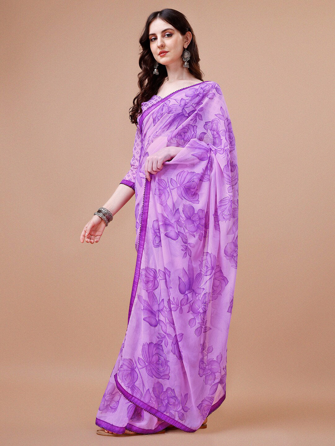 Sangria Purple Floral Printed Pure Chiffon Saree - Distacart