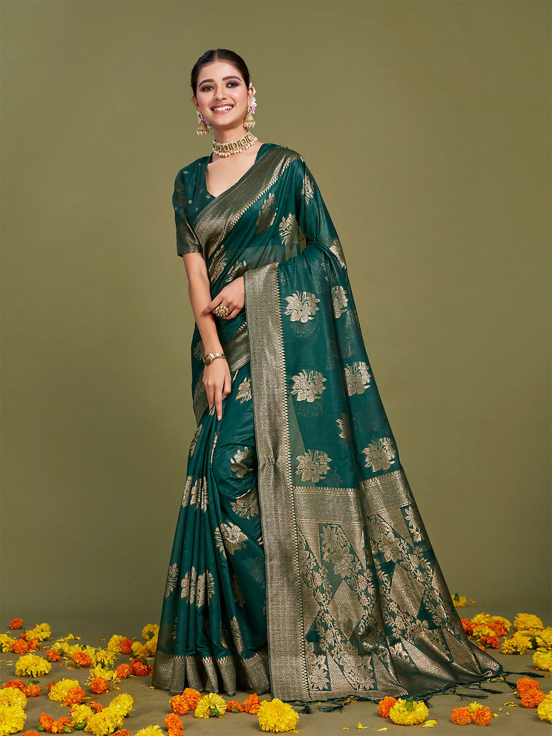 Sangria Ethnic Motifs Woven Design Linen Blend Saree - Distacart