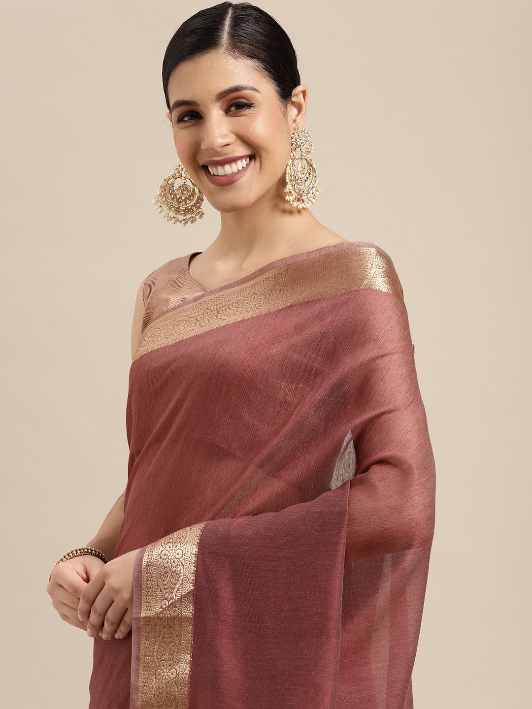 Saree Mall Mauve & Gold Solid Linen Blend Taant Saree - Distacart