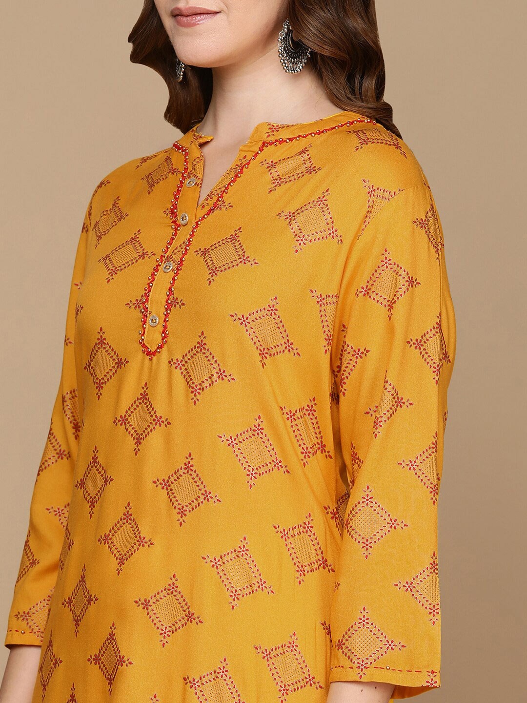 HERE&NOW Mustard Yellow & Red Ethnic Motifs Printed Kurta - Distacart