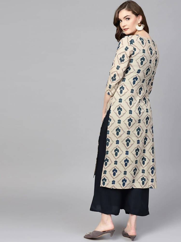 Yufta Women Beige & Blue Printed Kurta with Palazzo