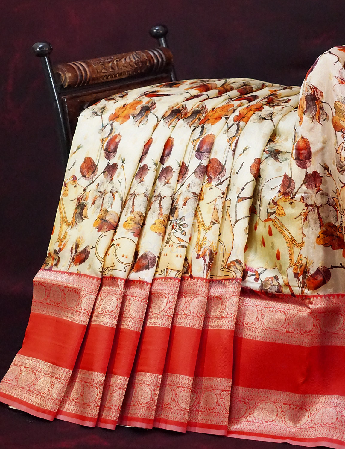Milk White Banaras Border Pichwai Design Banarasi Semi Silk Saree By Gayathri Reddy Designer Studio - Distacart