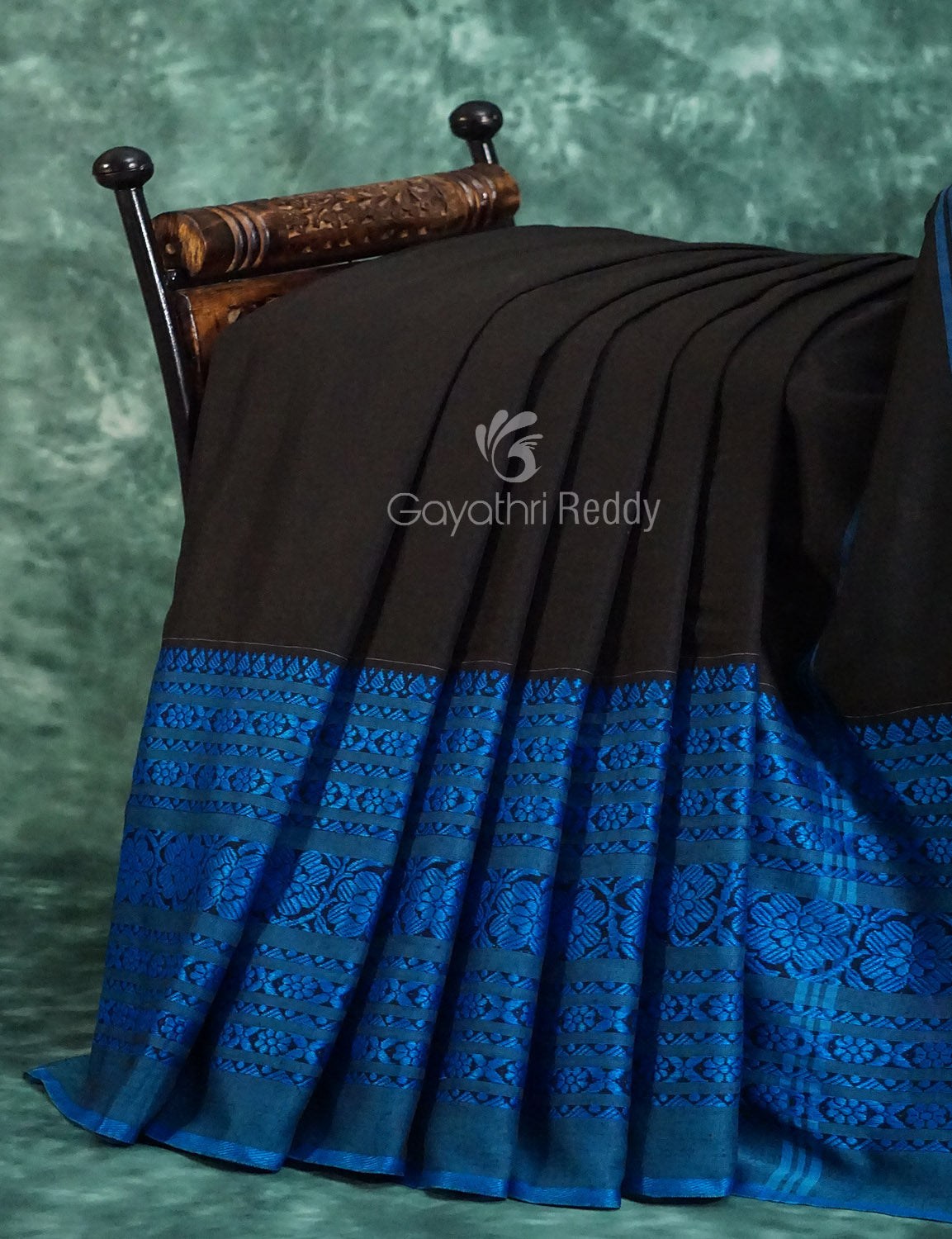 Black And Ink Blue Colour Contrast Thread Border Khadi Cotton Saree By Gayathri Reddy Designer Studio - Distacart