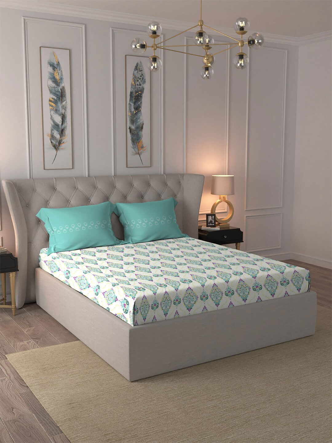 MYTRIDENT Moments White Blue Ethnic Motifs Pure Cotton 120 TC Bedsheet 2 Pillow Covers - Distacart