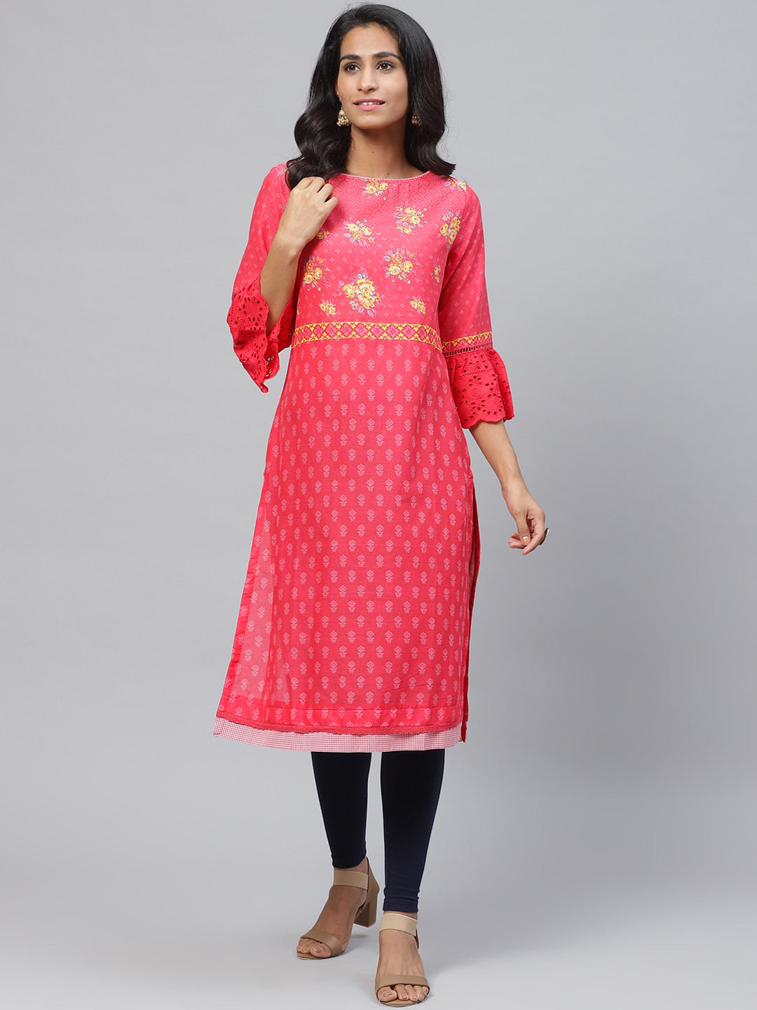 Biba Women Pink & Yellow Floral Detail Ethnic Printed Straight Kurta - Distacart