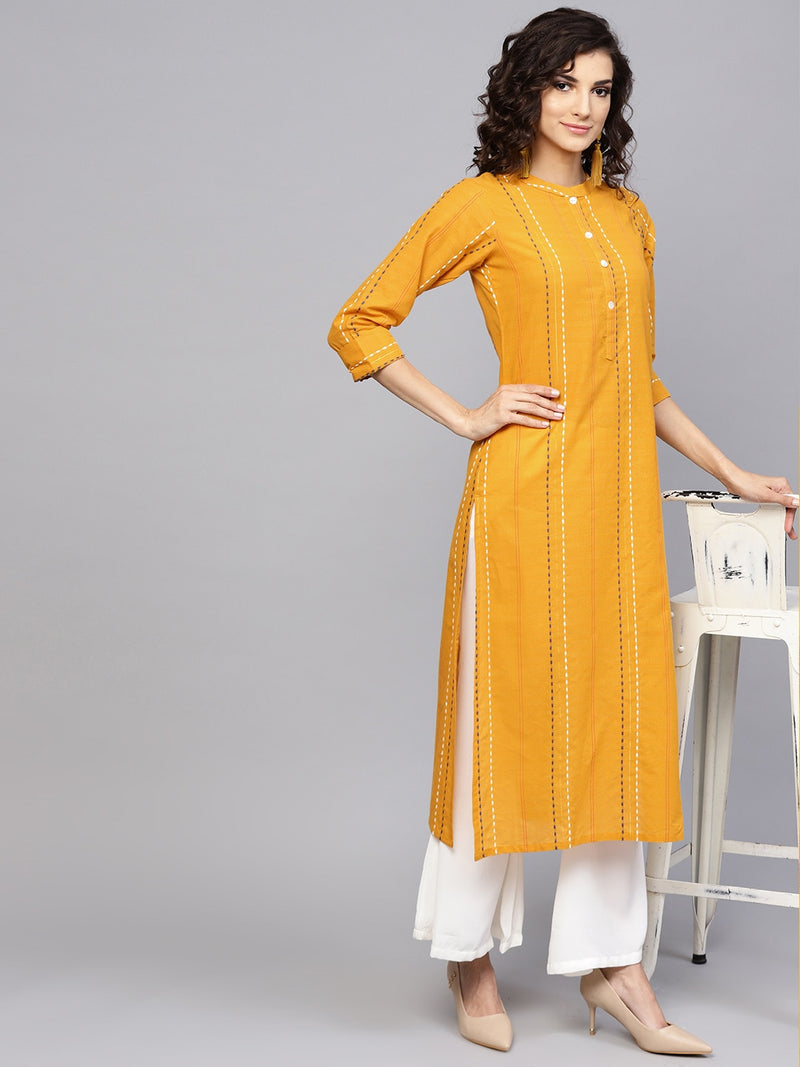 Libas Thread Work Detailed Straight Kurta In Mustard Yellow - Distacart