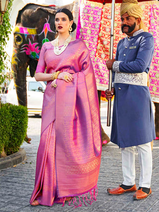 Mitera Burgundy & Golden Ethnic Motifs Zari Silk Blend Kanjeevaram Saree - Distacart