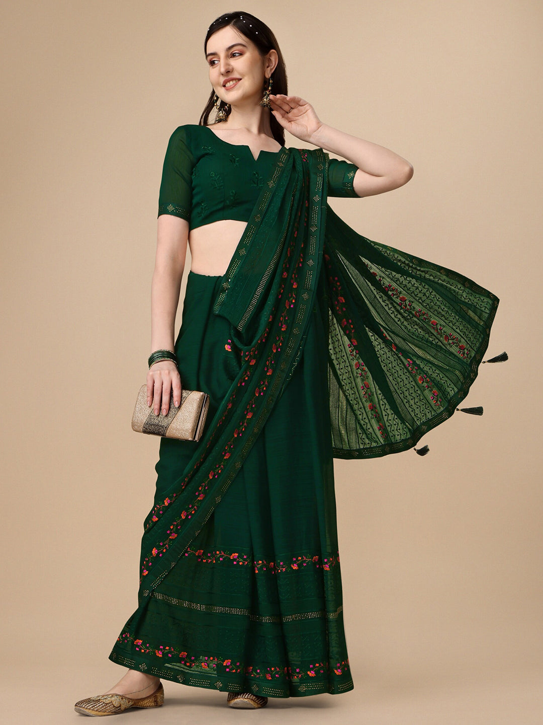 Kalini Floral Embroidered Pure Chiffon Saree - Distacart