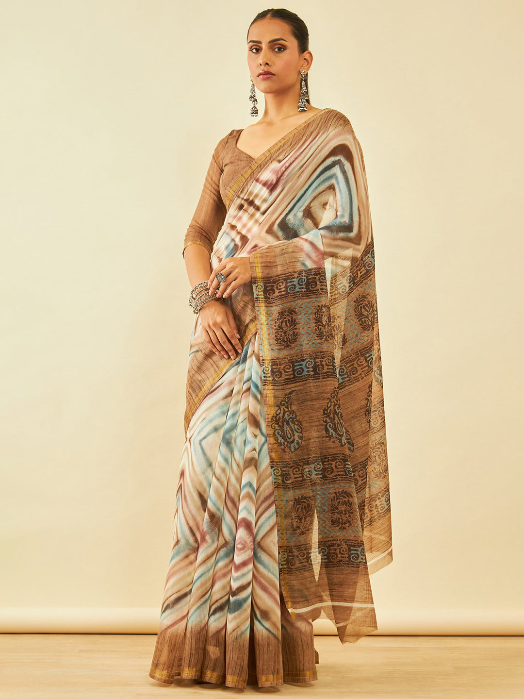 Soch Abstract Printed Zari Chanderi Saree - Distacart