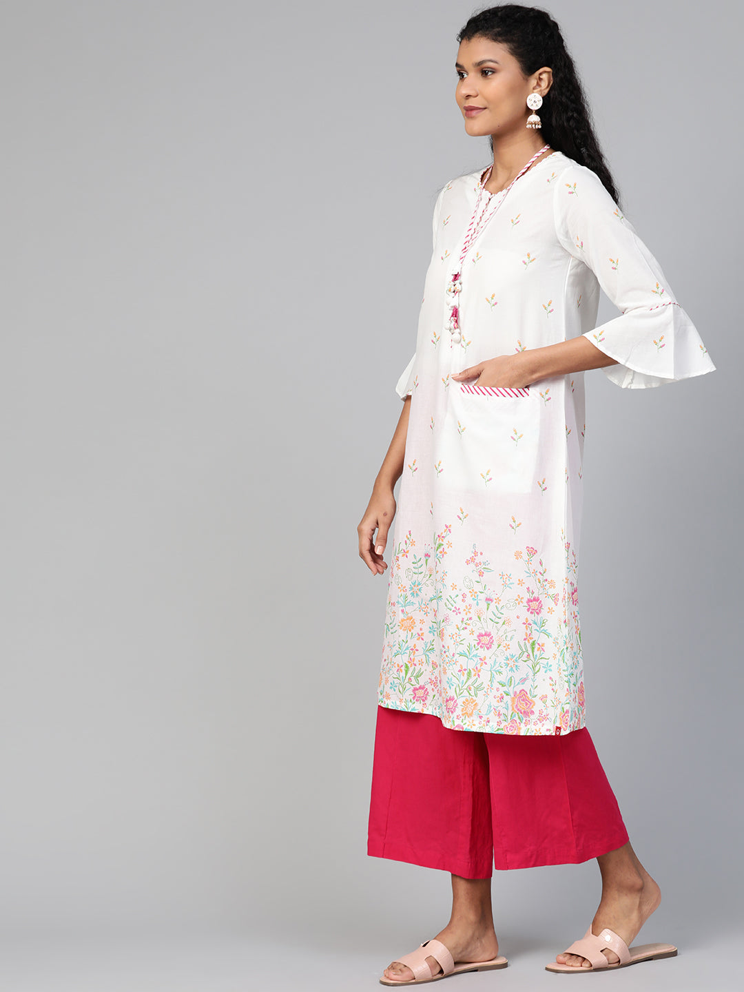 Biba Women White & Mustard Yellow Floral Printed A-Line Kurta With Neck Piece - Distacart