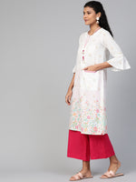 Thumbnail for Biba Women White & Mustard Yellow Floral Printed A-Line Kurta With Neck Piece - Distacart