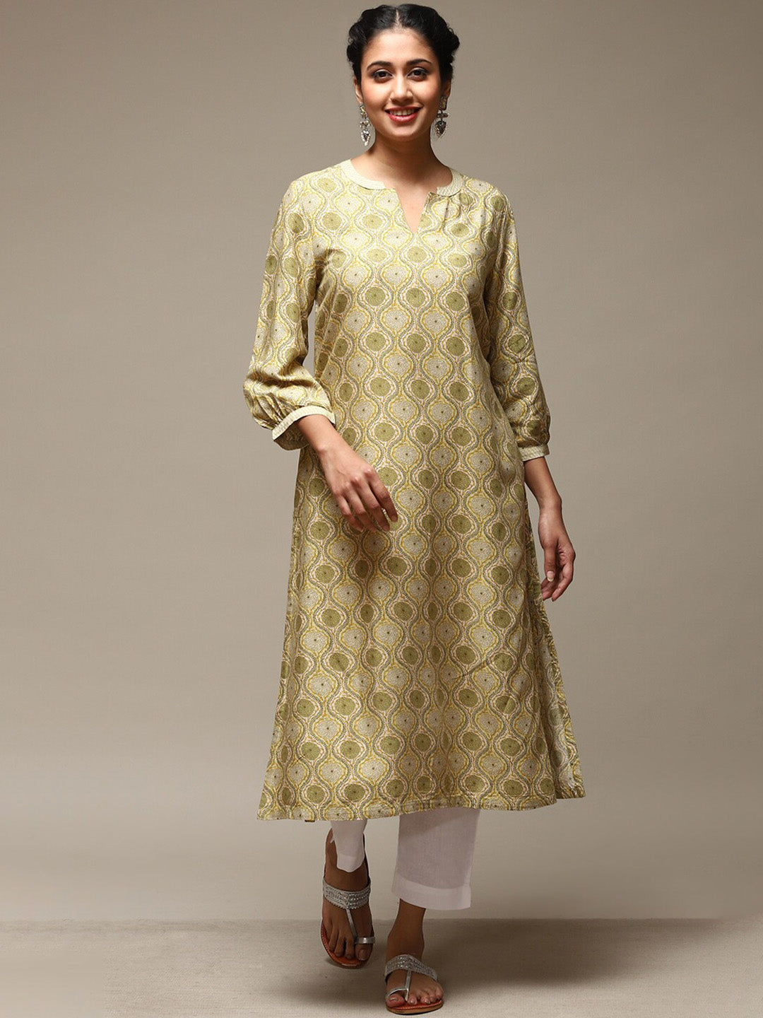 Biba Ethnic Motifs Printed Puff Sleeves A-Line Kurta - Distacart