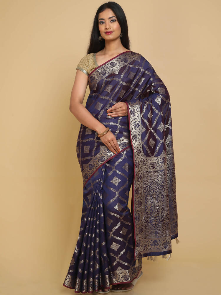Kalamandir Checked Violet Silk Blend Saree