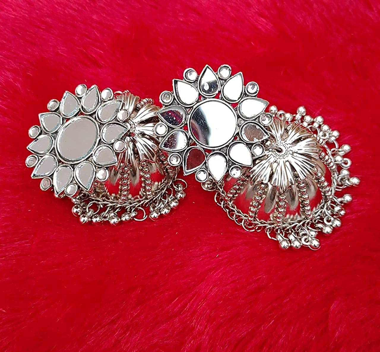 Rhodium-Plated Alloy Round Mirror Studded Jhumki Earrings - The Pari - Distacart