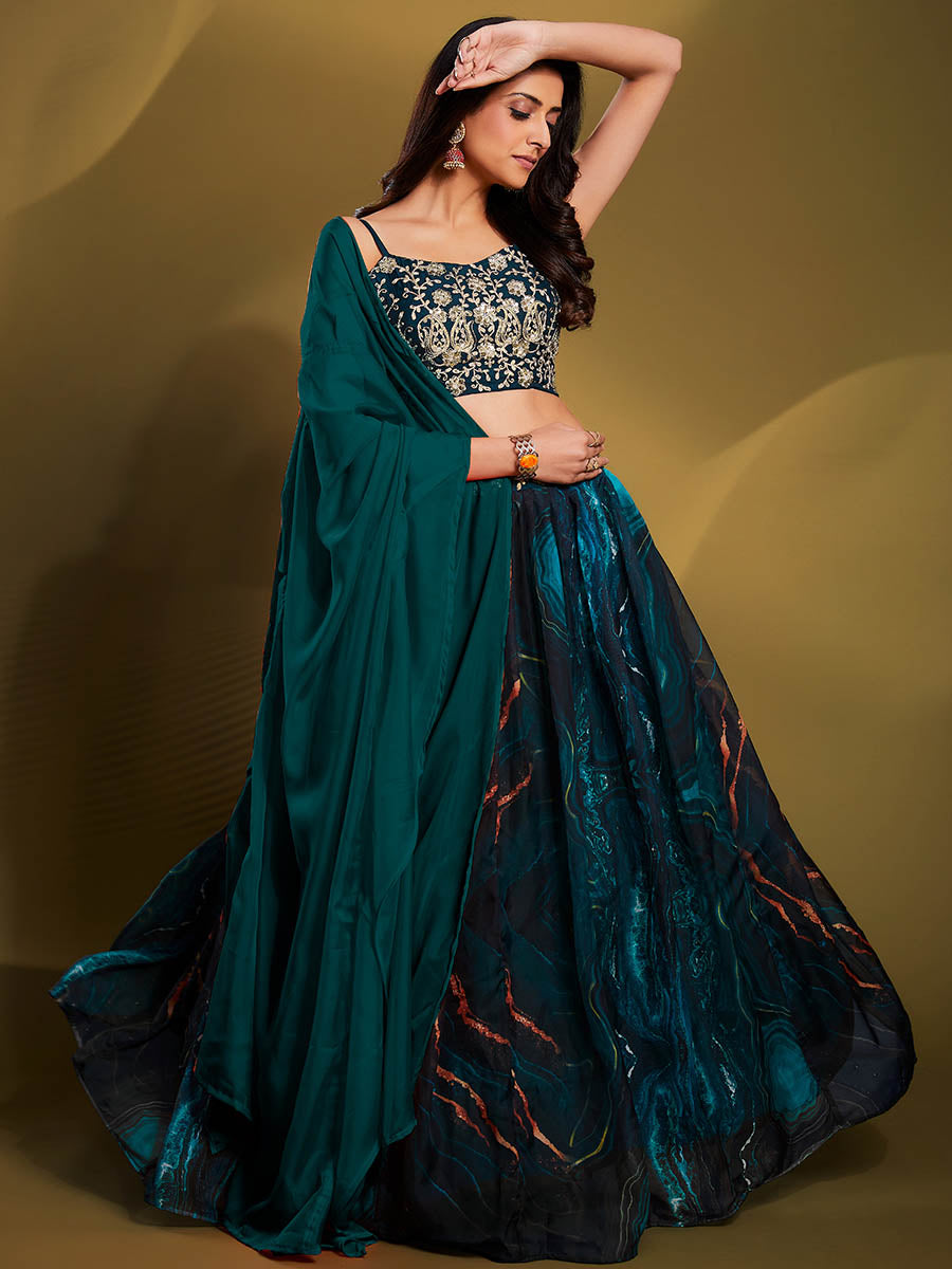 Myra Teal Art Silk Embroidered Designer Lehenga - Distacart