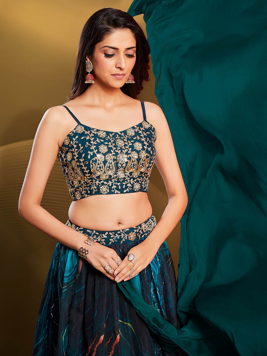 Myra Teal Art Silk Embroidered Designer Lehenga - Distacart