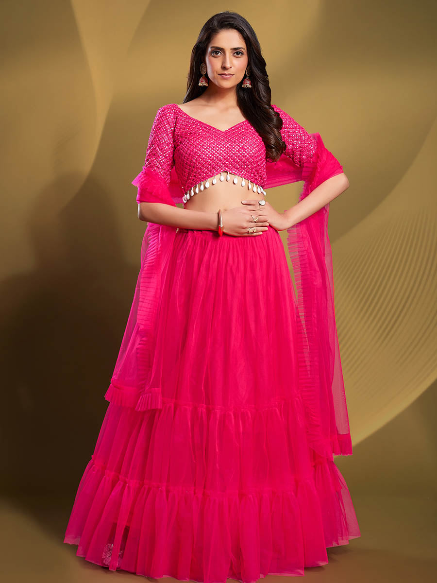 Myra Pink Soft Net Embroidered Designer Lehenga - Distacart