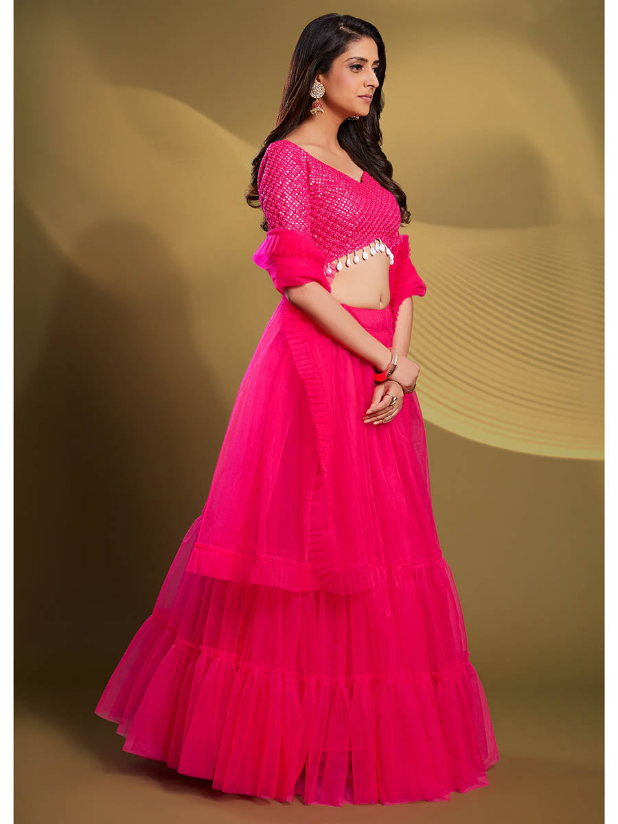 Myra Pink Soft Net Embroidered Designer Lehenga - Distacart