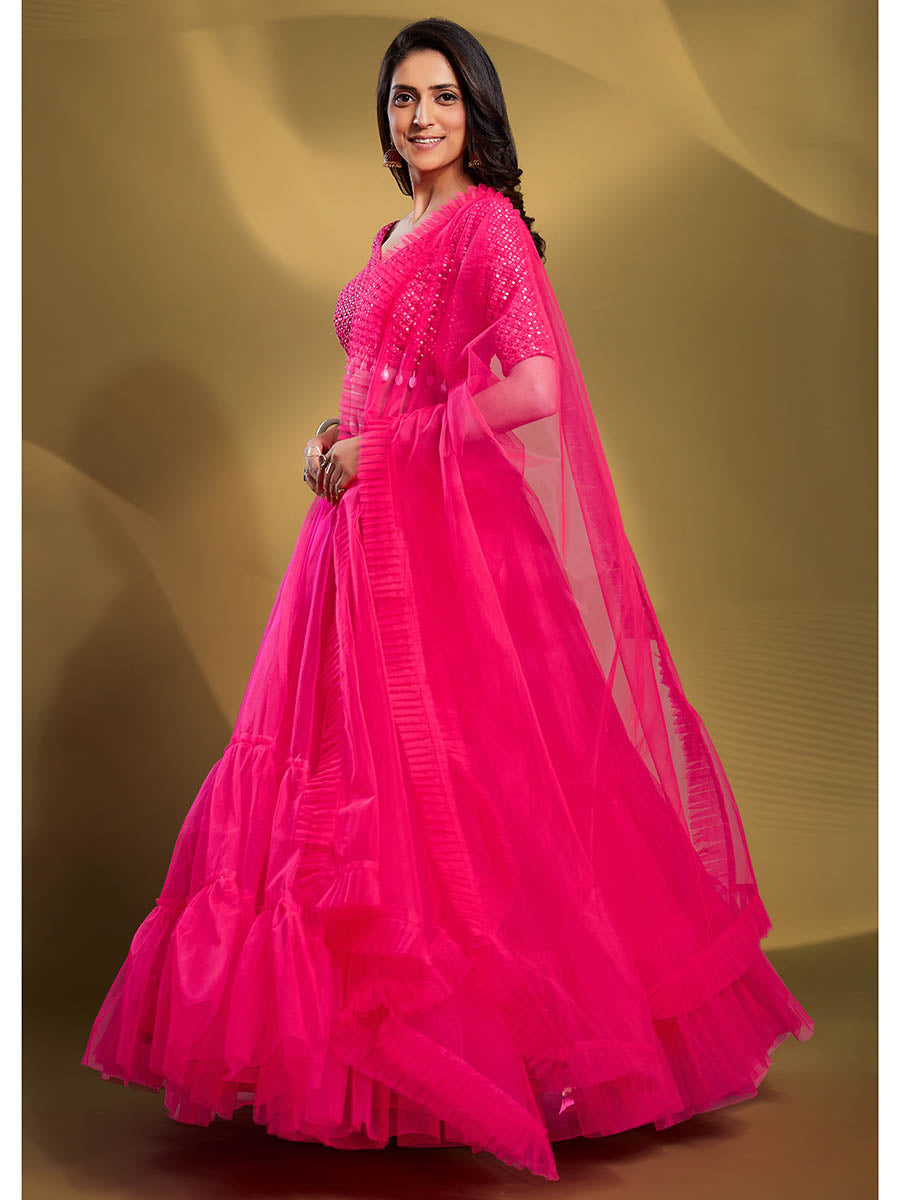 Myra Pink Soft Net Embroidered Designer Lehenga - Distacart